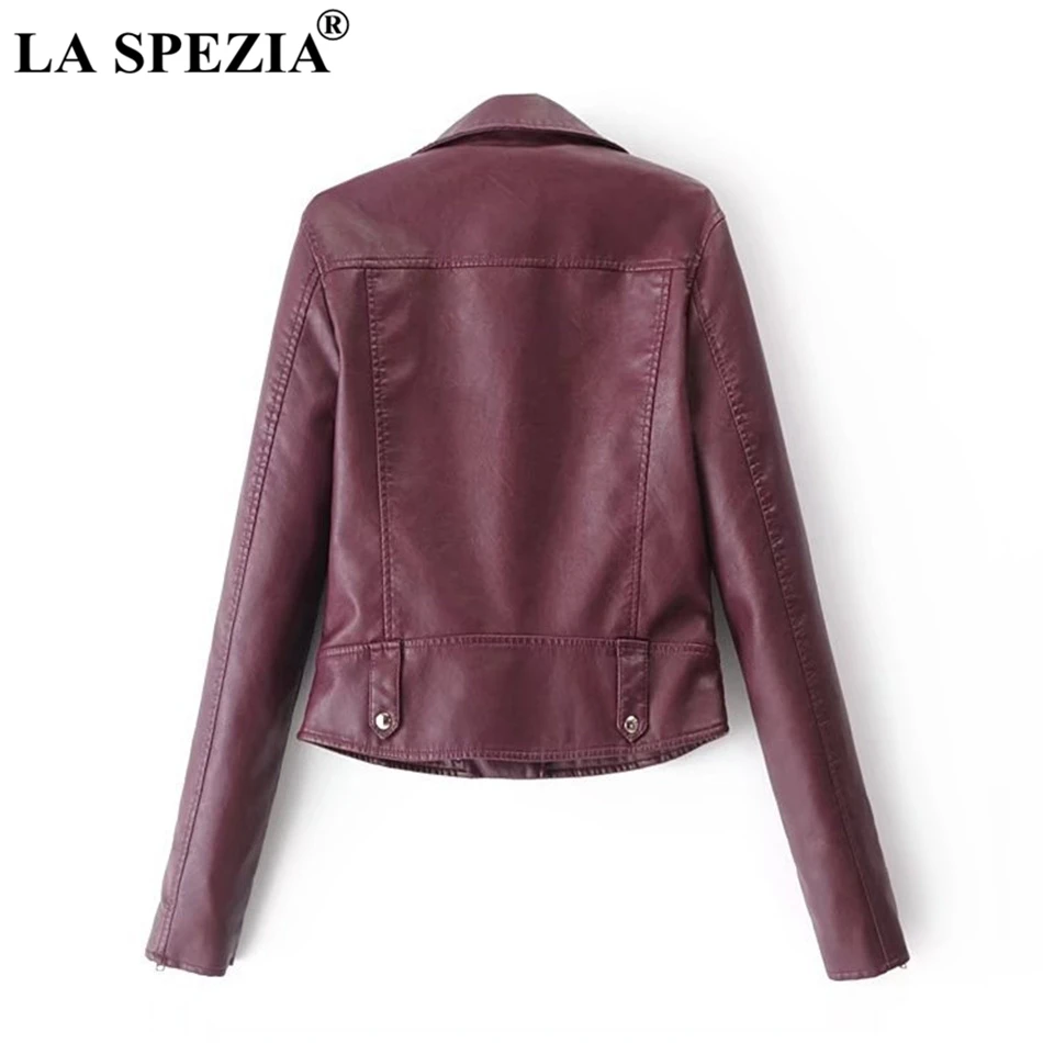LA SPEZIA Brand Motorcycle Jacket Women Burgundy Leather Jackets Ladies Zipper Pockets Rivets Short Biker Classic Autumn Coats
