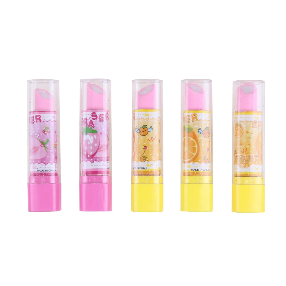 5pcs Cartoon Fruit Lipstick Eraser Creative Lipstick Pencil Erasers For Kids Paint Draw Random Color