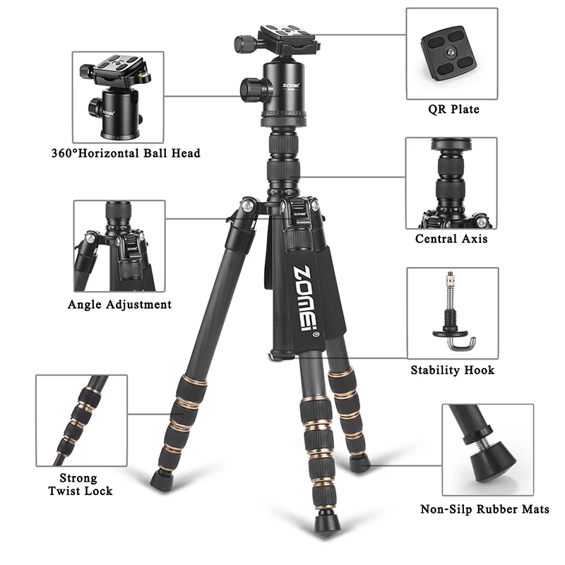 Профессиональный штатив ZOMEI Z669C из углеродного волокна, легкий дорожный монопод с шаровой головкой для камеры DSLR