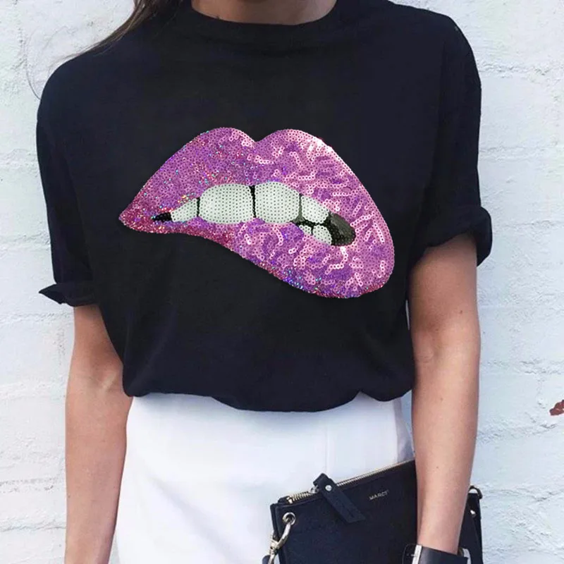 Новинка, брендовая весенне-летняя модная свободная Сексуальная футболка с буквенным принтом, топы с вышитыми розовыми губами и блестками, футболка для отдыха с губами - Цвет: Черный