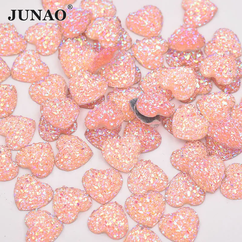 

JUNAO 12mm Pink AB Resin Rhinestones Applique Heart Shape Stones Non Hotfix Strass Crystals Scrapbook Beads for Jewelry Crafts