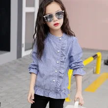 Детские блузки и рубашки для девочек коллекция года, осенние Рубашки с рюшами для маленьких и больших девочек, хлопковый топ, Детская школьная блуза с длинными рукавами для девочек