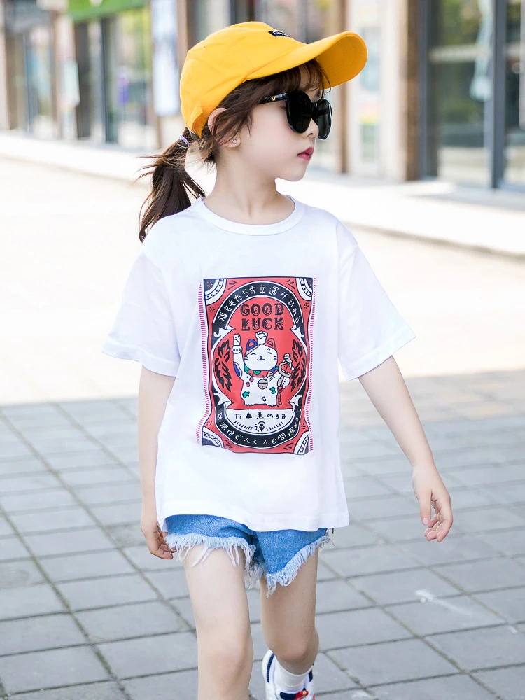 Blanco negro estampado camiseta chica verano manga corta cumpleaños camiseta para niñas adolescentes niños Top camisetas 5 6 9 10 12|Camisetas| AliExpress