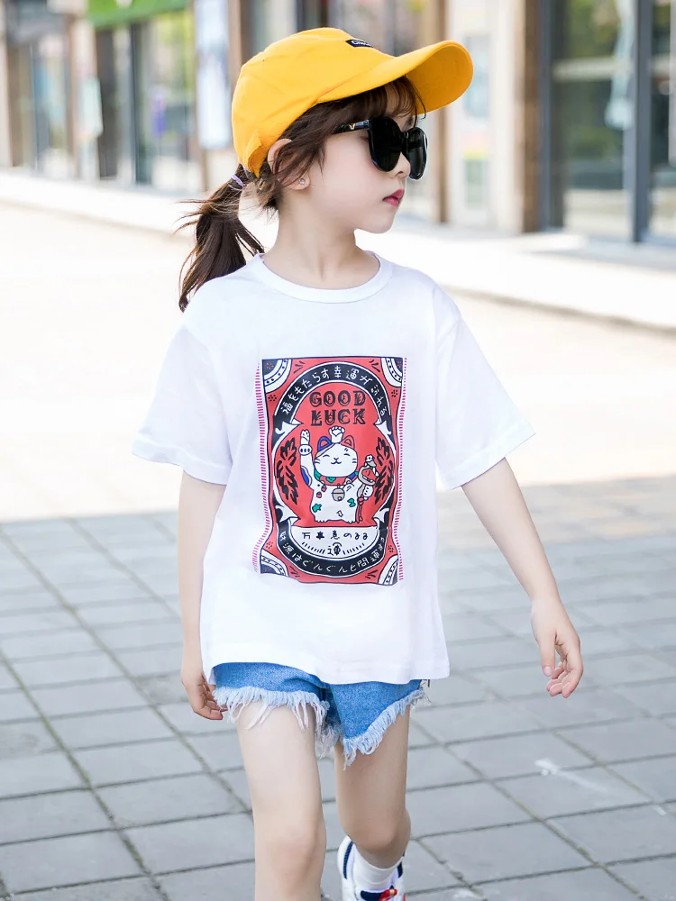 

White Black Print Tee Shirt Girl Summer Short Sleeve Birthday T-shirt For Girls Teenagers Kids Top Teen Tee Shirts 5 6 8 9 10 12