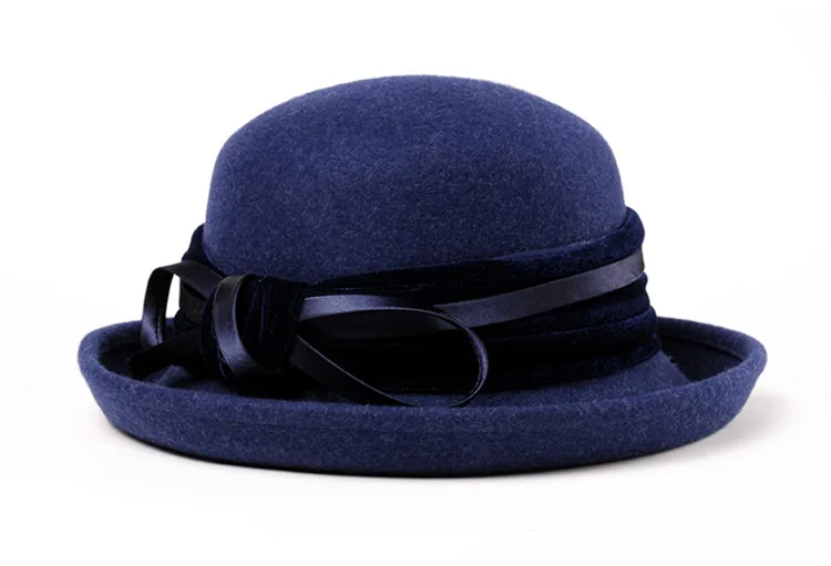 3_Vintage Wide Brim Hats Felt Women Navy Blue Wool Fedora Warm Ladies Bowknot Top Cloche Hat 2018 Chapeau Femme