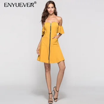 

Enyuever Yellow Casual Dress Summer Korean Style Women Clothes 2019 Off Shoulder Sleeve Mini Dress With Pockets Sundress Vestido