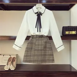 2019 новая весенняя Модная рубашка феи с бантом + клетчатая мини-юбка, комплект из двух предметов, женские комплекты, женские белые костюмы с