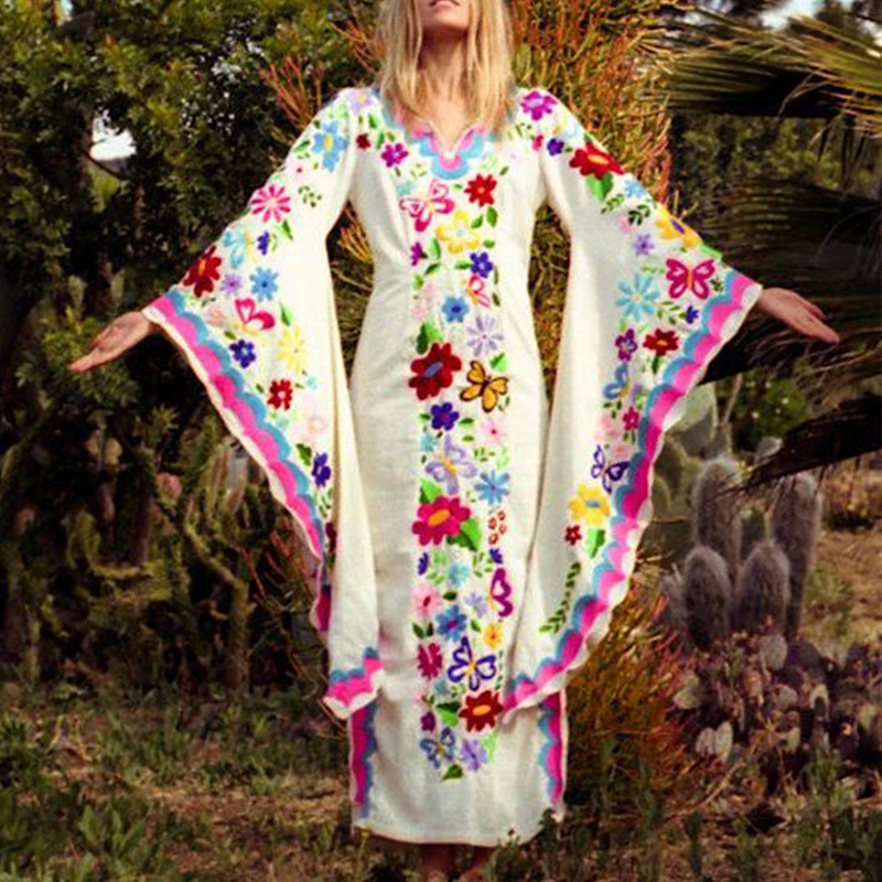 

Bohemia Vintage Embridery White Summer Dress V-Neck Dresses Women Flare Sleeve Beach Maxi Long Dress