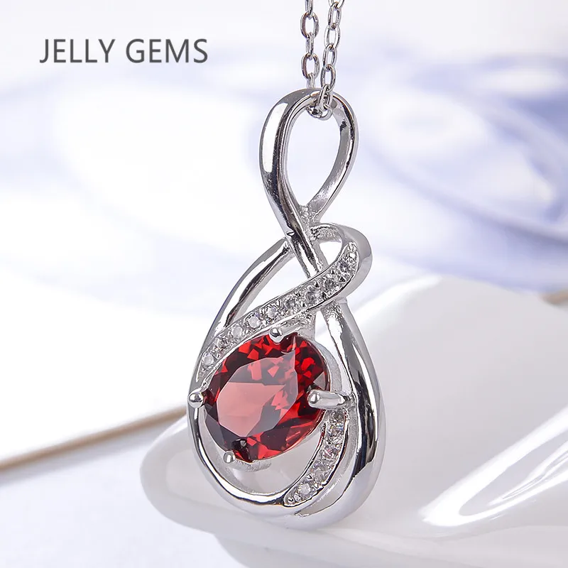 JELLYGEMS100% натуральный гранат Pandent 2.5ct Настоящее серебро 925 пробы ювелирные изделия Вино красный драгоценный камень ожерелье для женщин подарок 7*9 мм