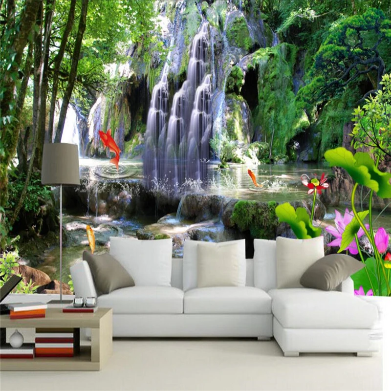 

beibehang Wallpaper Mural Wall Sticker Waterfalls Waterfall Landscape Landscape Lotus Fresco TV Background Wall