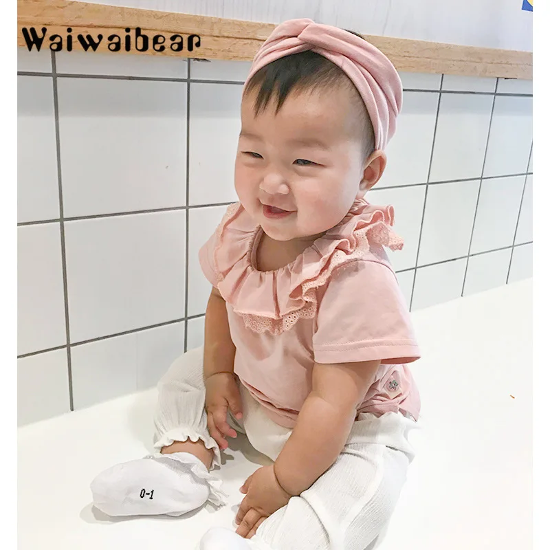 

Waiwaibear High Quality Baby Girls Cotton T-Shirt Baby Clothes Casual Solid T-Shirt Short Sleeve Floral Ruffles Collar T-Shirt