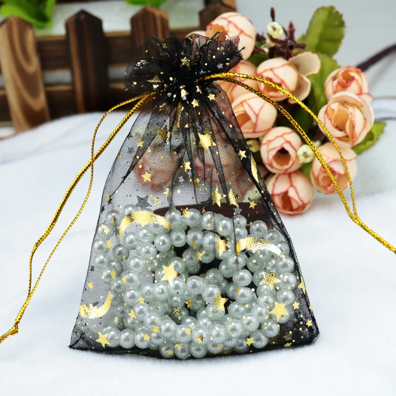 

7x9cm Small Organza Drawstring Bags 100pcs/lot Elegant Black Print Gold Star Moon Packaging Pouches Bags for Candy Beads Jewelry