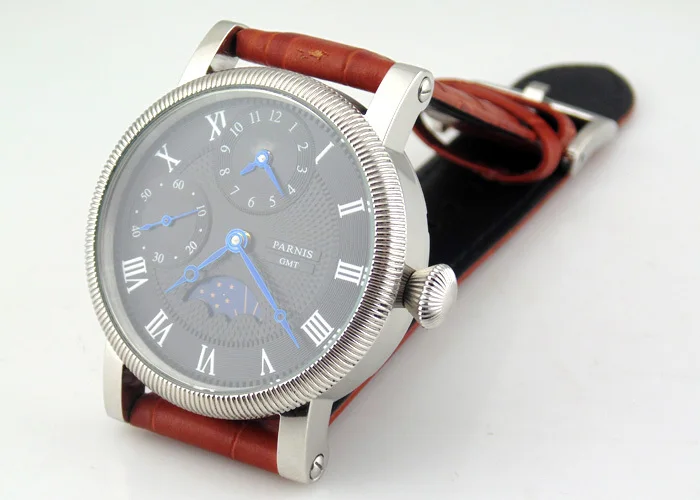Parnis 43 мм роскошные черные тисненые часы GMT с ручным заводом 6497 E264