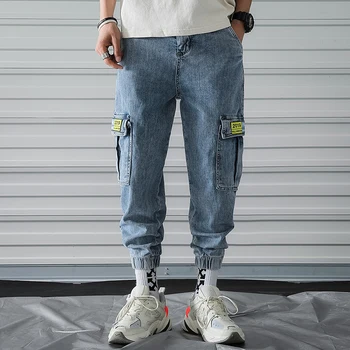 

2019 Spring New Men's Solid Color Pocket Tooling Net Red Student Super Fire Couple Loose Casual Nine Points Jeans