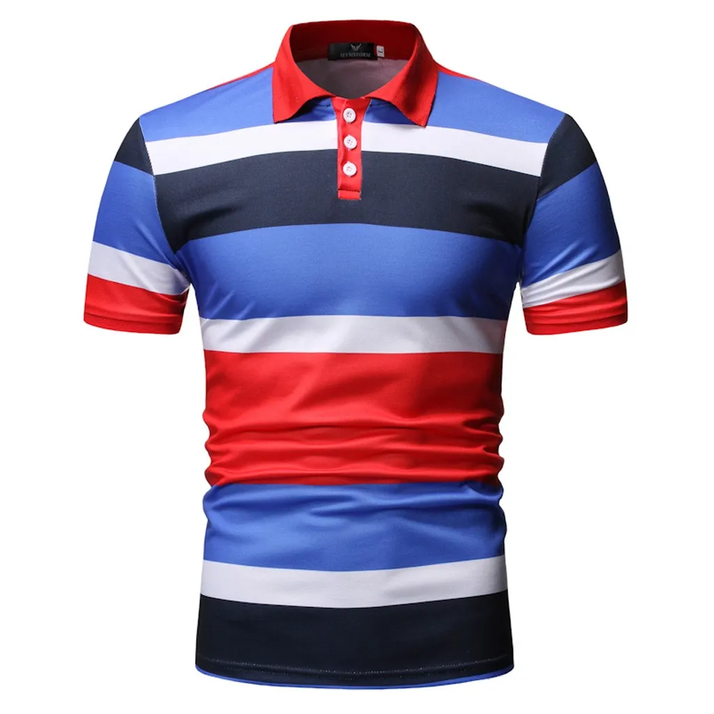 

Men's Stripe Button Slim Fit Turn-Down Collar Short Sleeve Top Shirt Blouse Contrast Color Men Polo Shirt Breathable