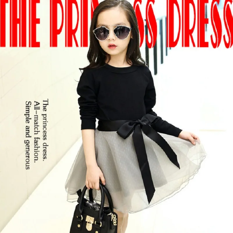 

2019 autumn children's clothing baby clothes long-sleeved black T-shirt + pettiskirt + bow belt suit girls set 2019 new