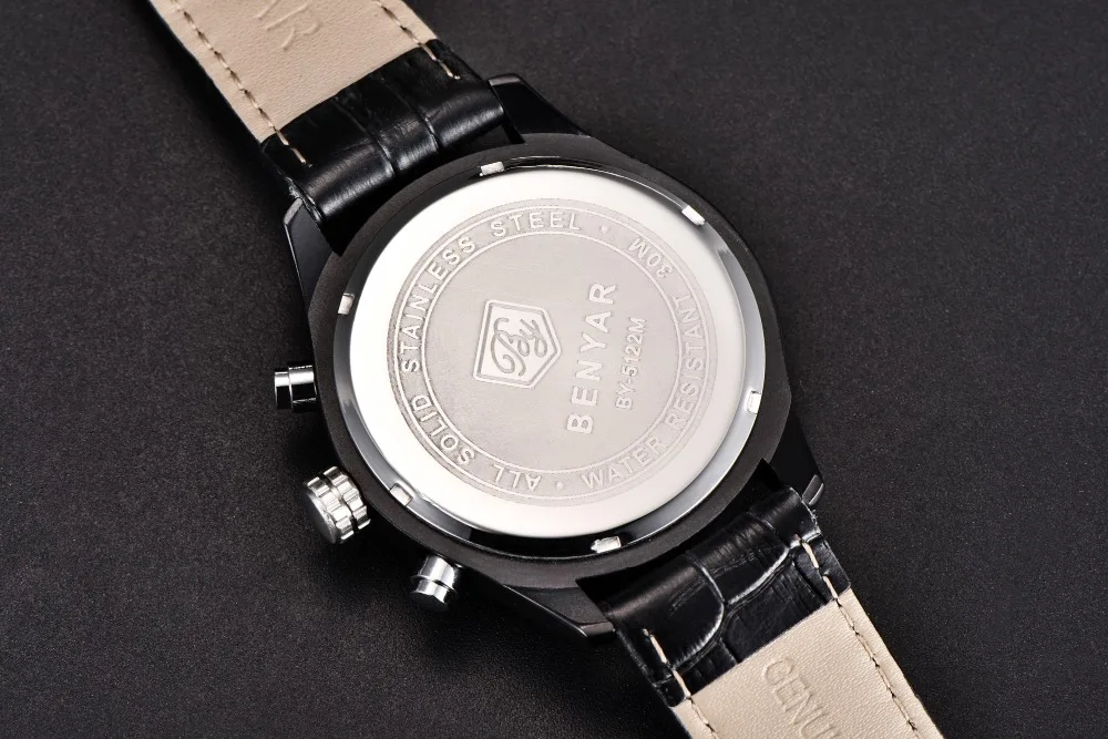 BENYAR Бизнес Мужские часы Moon Phase кожа кварцевые часы с хронографом спортивные военные водонепроницаемые мужские наручные часы