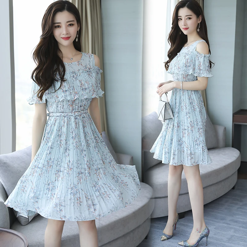 

2018 New Summer Spring Women dress Print In Long Small Clear Dew Shoulder Tide Dresses Pink Light Blue Apricot 6212