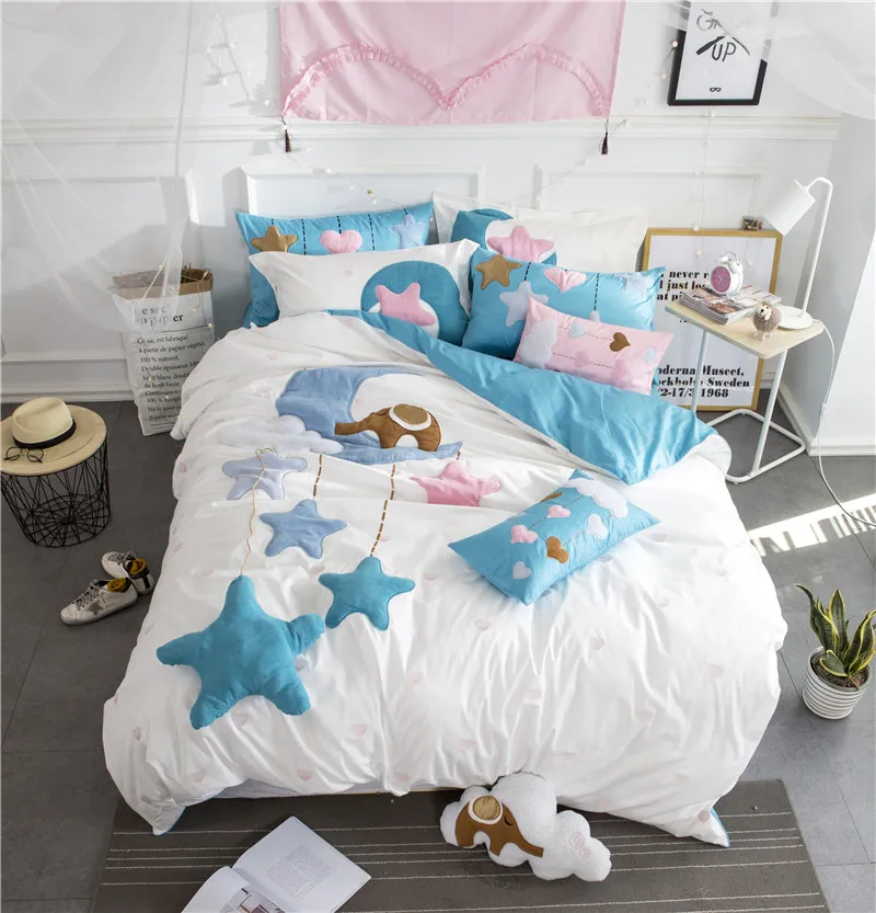 

Stars Embroidery twin/Queen/King egyptian cotton 4pcs Bedding Set cartoon Style Duvet Cover Bed sheet Pillowcases