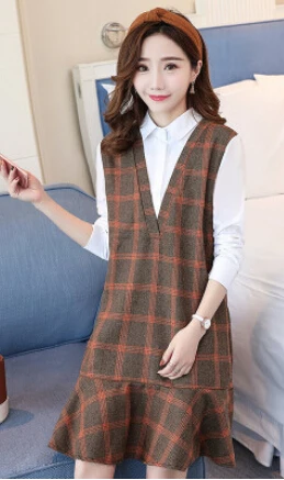 Maternity wear spring plaid stitching shirt collar loose fashion maternity dress women dress Long sleeve Cotton Pregnant Dress - Цвет: Цвет: желтый