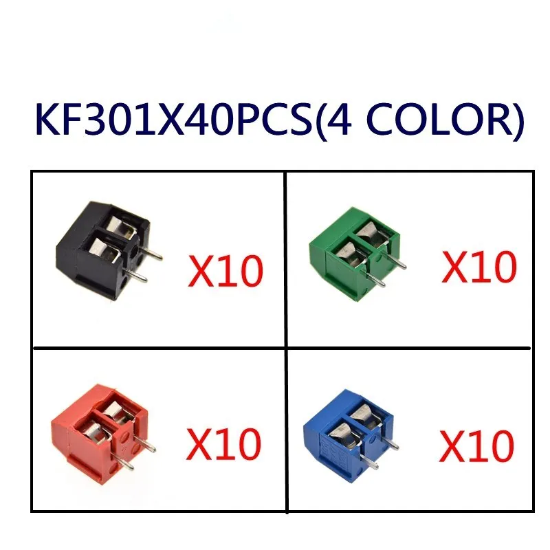 40PCS/LOT KF301-2P KF301-5.0-2P KF301 Screw 2Pin 5.0mm Straight Pin PCB Screw Block 4 color black/red/green/blue