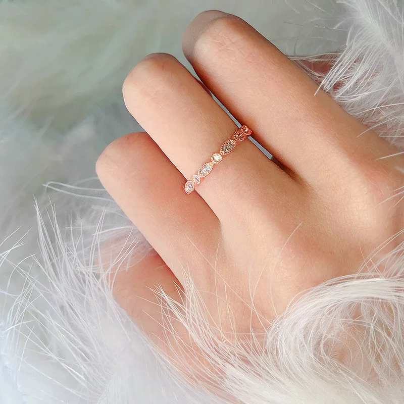 

Simple Female Small Finger Ring Cute Crystal Rose Gold Color Ring Romantic Promise Wedding Engagement Rings For Women