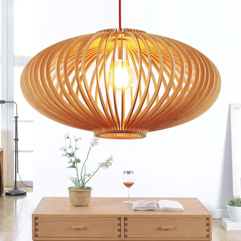 

Bamboo E27 Nordic Pendant Lights personality creative restaurant solid wood pumpkin lighting lamp flying saucer lamps ZA925705