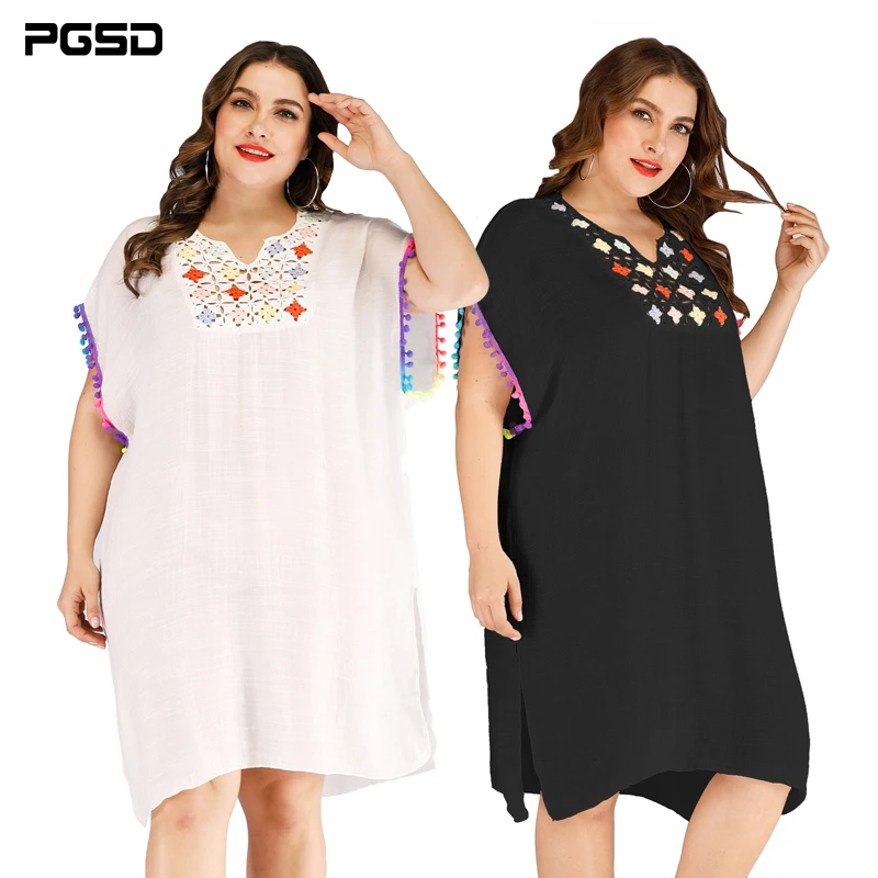 

PGSD Spring summer Fashion Big size women clothes Tassels Crochet stitching Side fork Loose beach Dress bikini blouse female