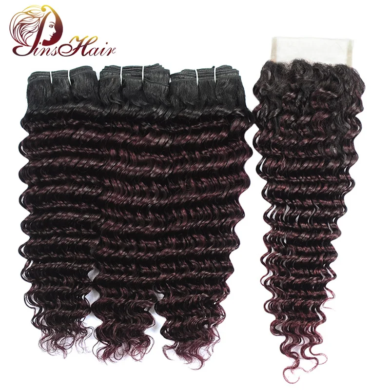 

Brazilian Deep Wave Colored 3 Bundles With Closure 1B Burgundy Ombre Bundles With Closure Human Hair Extensions Pinshair Nonremy