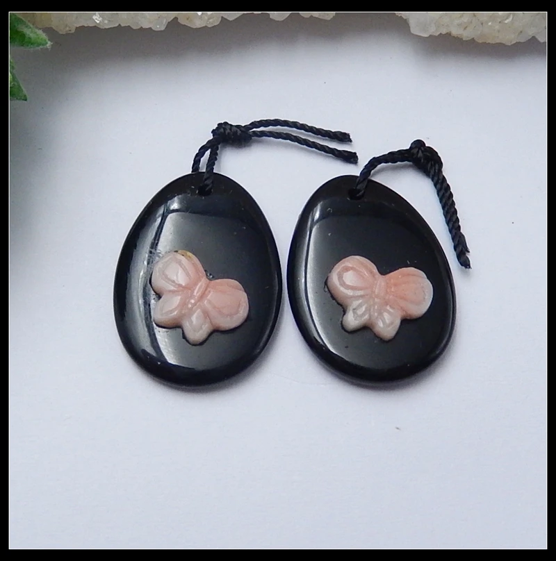 

Semiprecious Stone Oval Carving Butterfly Natural Stone Obsidian With Pink Opal Gemstone Fashion Earring Bead 24x18x6mm 5.61g