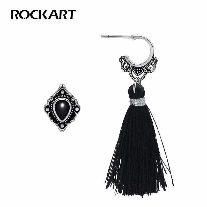 Серьги подвески ROCKART из серебра 925 пробы с черными кисточками винтажные