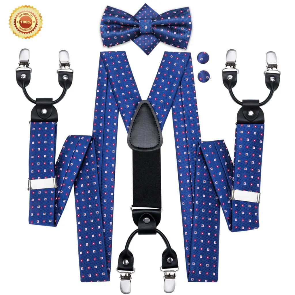 

Men Suspenders Silk Bow Tie Cufflinks Set Y-Shape Elastic Pack Belt 6 Clips Navy Blue Plaid Brace Strap for Suit Hi-Tie BD-3006