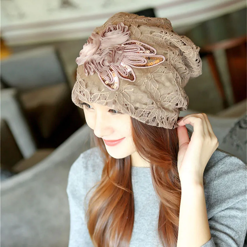 Autumn Winter Women Hats Cap Famale Lace Flower Turban For Ladies Sequin Butterfly Cap Skullies Beanies Bonnet Femme