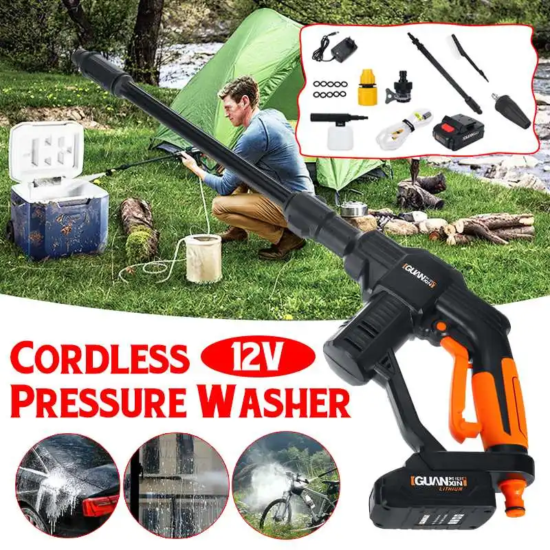 

Lithium Battery Chargable Car Washer+Hose+2 Nozzle 12V Portable Cordless High Pressure Electric Water Guns Foam Lance Clean Tool