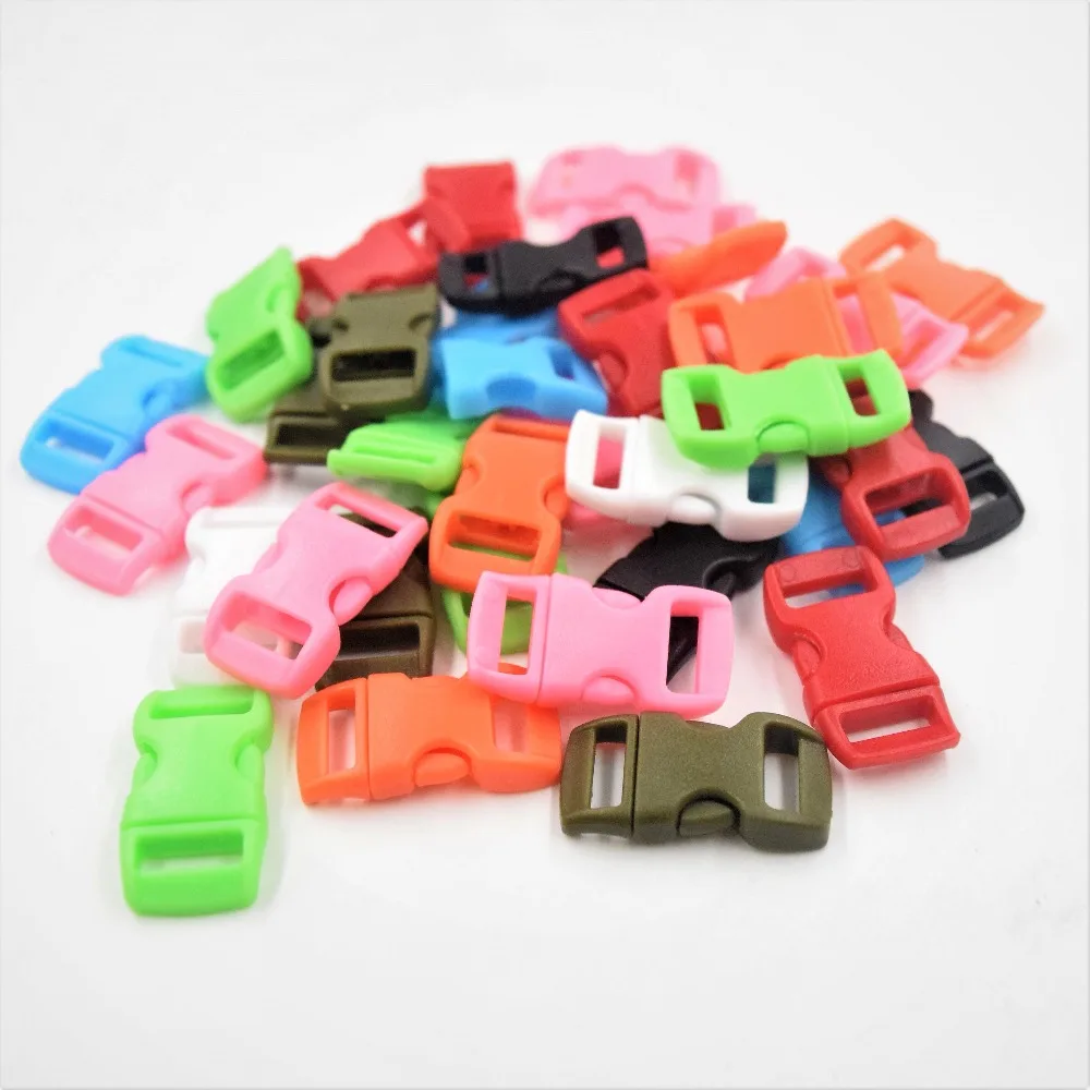 

50pcs Pack Colorful 3/8" Plastic Side Release Buckle Parachute 550 Cord Paracord Bracelet Curved Dog Collar Strap Bag Parts
