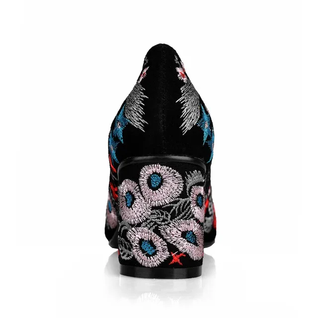 Vintage Women Square Toe Pumps Black Suede Embroider 6cm Women Suede Embroidered Thick High Heeled Sandals