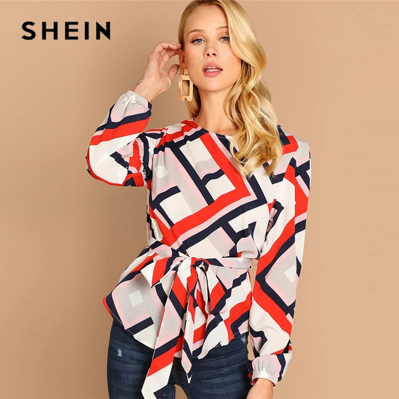 SHEIN Multicolor Office Lady Casual Geometric Print Belted Long Sleeve Workwear Blouse Autumn