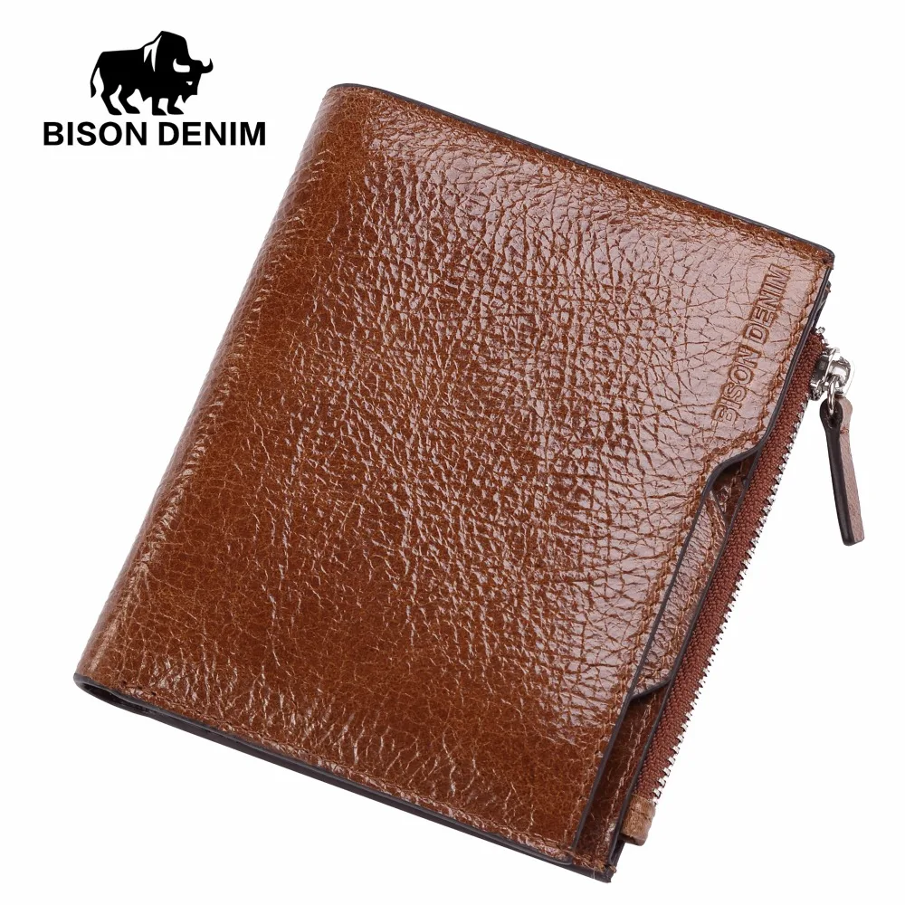 

BISON DENIM Men Wallets Cowhide Leather Male Wallet Short Coin Purse Vintage Zipper Wallet Brand Designer Wallet Slim Thin W4454