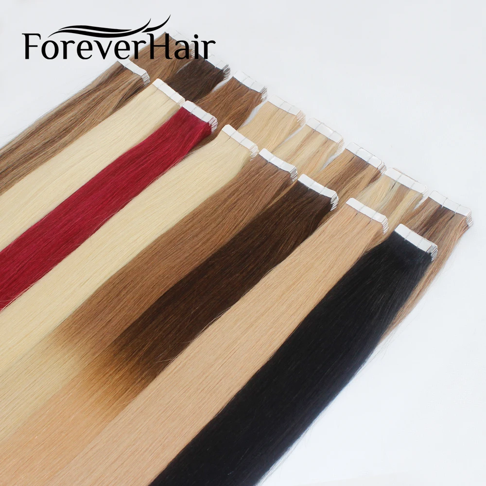 FOREVER HAIR Tape In человеческие волосы для наращивания 14, 16, 18, 20 искусственные волосы одинаковой направленности волос на Клейкой Ленте ПУ кожи Weft невидимые 20 шт