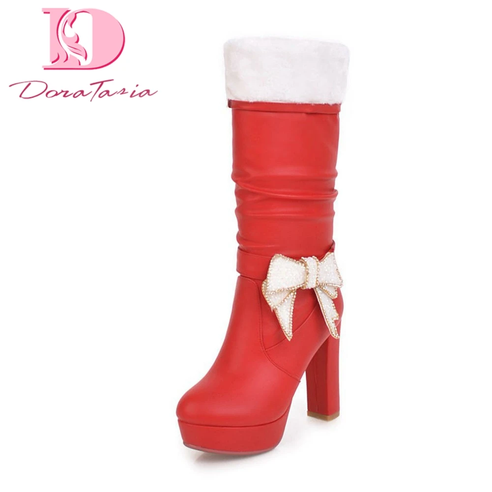 

DoraTasia Large Size 32-43 Slip On Butterfly Warm Winter Boots Woman Shoes Wmen Platform Chunky Heels Mid Calf Boots Female