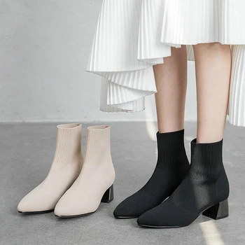 

EshtonShero Shoes Woman Women Ankle Boots Med Heels Knitting Platform Autumn Classic Ladies Motorcycle Sock Boots Size 3-8