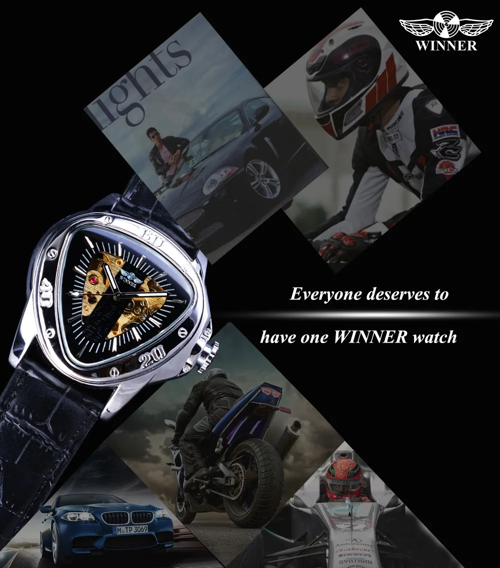 Часы победителя механические мужские часы 2017 Люксовый бренд автоматические самоветер наручные часы Треугольник Циферблат Дизайн Золотой