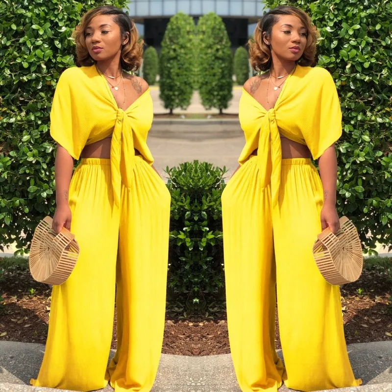 

Women Loose Wide Leg Pants Bandage Lace Up Crop Top 2 Piece Set for Female Women V-neck Short Sleeve Two Piece Set Women's Suits
