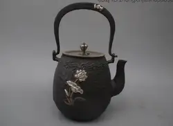 Архаичные Японии Железный Серебро Благословение цветок лотоса Вино Tea Pot Кувшин Чайник