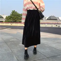 Корея моды новые Для женщин Летняя длинная юбка Высокая талия черный бархат юбка свободно Повседневное высокая эластичность