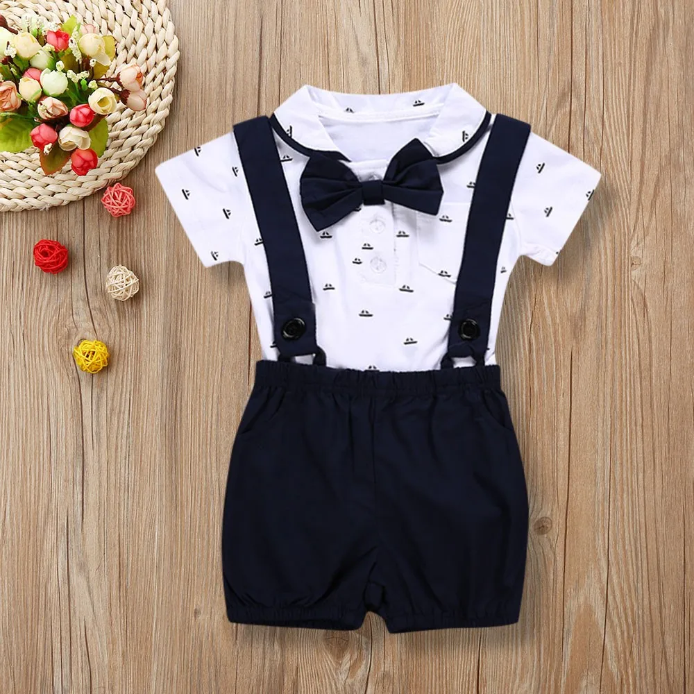 2PCS Baby Rompers Christening Baptism Baby jumpsuit Newborn infant Clothes kids chird Gentleman Boy Suspender Rompers