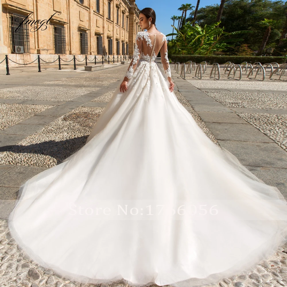 Fmogl сексуальное иллюзионное бальное платье с длинными рукавами, свадебные платья, круглый вырез, аппликации, пуговицы, цветы, шлейф, свадебные платья в стиле винтаж