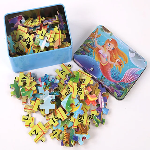100 pieces Wooden Puzzle Toy Cartoon 3D Wood Jigsaw Puzzle Iron Box Package for Child