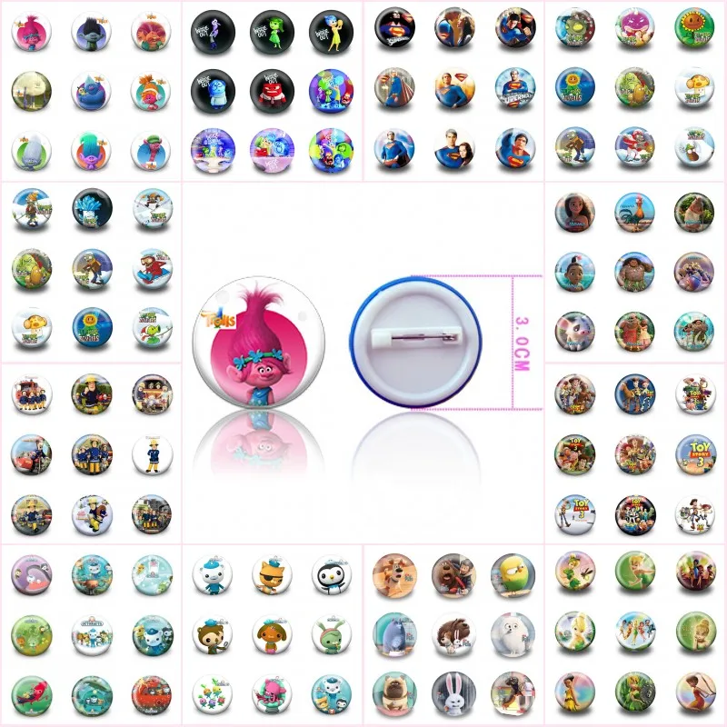 

9pcs Trolls Octonauts Captain America Cartoon Figure Clothes/Bag Accessory Badge Pin Buttons 3.0CM Round Brooch Kid Party Gift