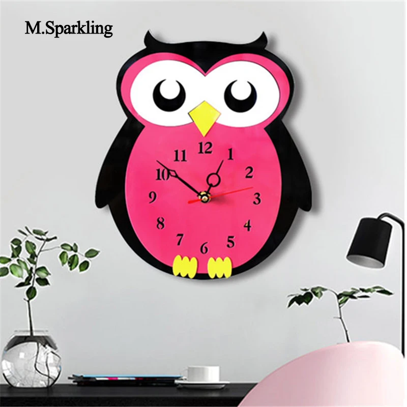 M.Sparkling new creative cartoon wall clock acrylic owl design colorful silent wall clocks kids